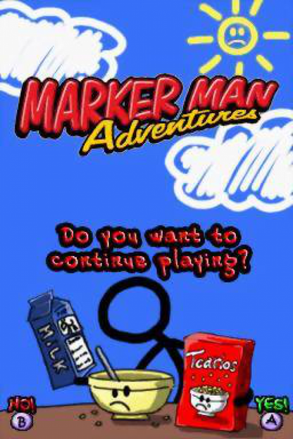 Marker Man Adventures for Nintendo DS, title screen for a puzzle platformer video game with drawing-based gameplay, creative level navigation, and stylus-controlled challenges