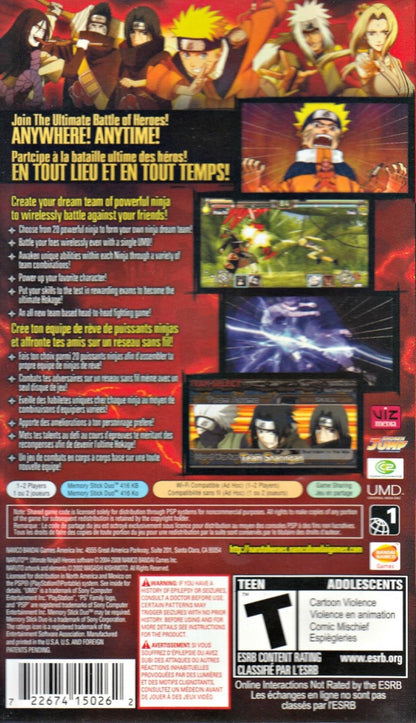Naruto Ultimate Ninja Heroes PlayStation Portable PSP for retro video game enthusiasts featuring anime inspired fighting gameplay fast paced ninja battles special jutsu attacks character progression modes iconic Naruto characters and collectible gaming appeal back cover art