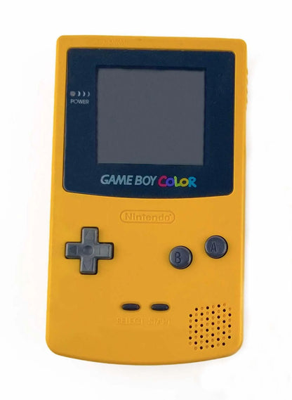 Front view of a yellow Nintendo Game Boy Color handheld console with screen, buttons, and speaker visible.