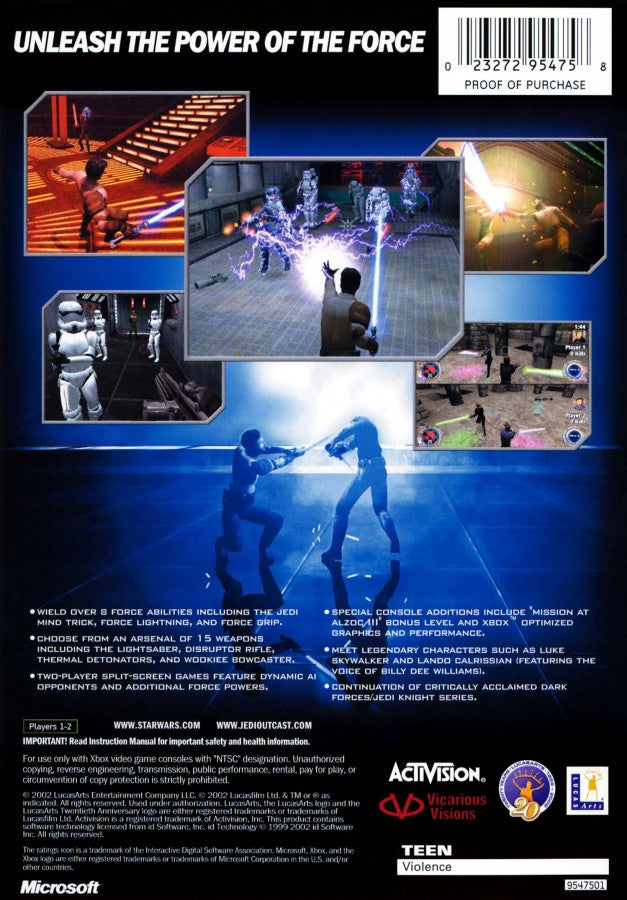 Star Wars Jedi Knight II Jedi Outcast Xbox video game, action shooter, lightsaber combat, Force powers, classic Star Wars console title back cover art