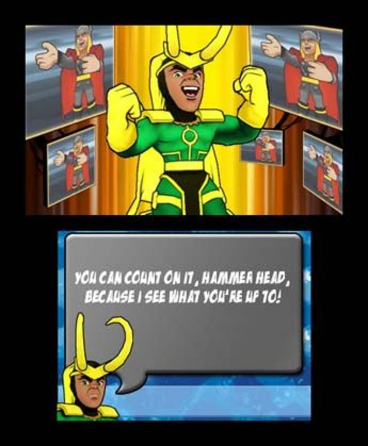 Marvel Super Hero Squad The Infinity Gauntlet for Nintendo DS (DS), gameplay for a retro video game featuring action-adventure gameplay, superhero combat, character-based missions, side-scrolling battles, and comic-inspired story progression