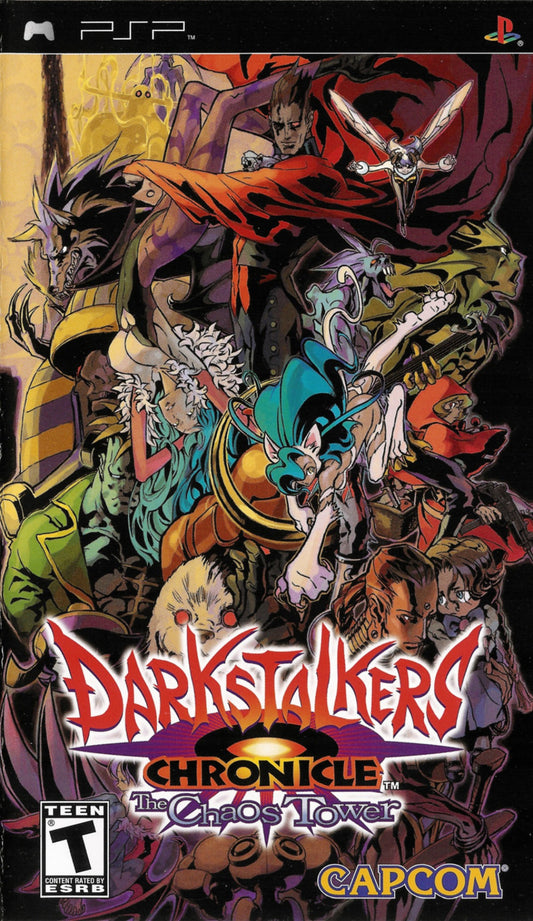 Darkstalkers Chronicle: The Chaos Tower retro PSP video game Darkstalkers Chronicle The Chaos Tower fighting game arcade style combat classic Capcom fighter anime horror themed multiplayer handheld release cover art 