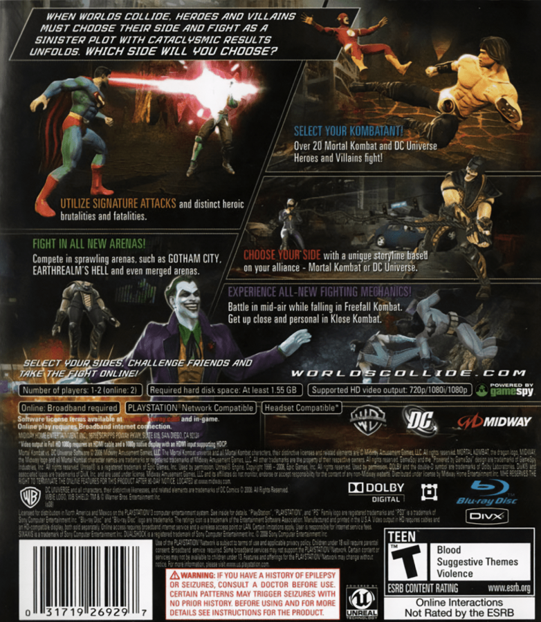 Mortal Kombat vs. DC Universe back cover art for PlayStation 3 (PS3) video game