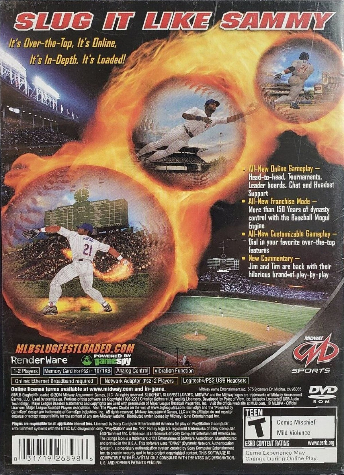 MLB Slugfest: Loaded back cover art for PlayStation 2 (PS2) featuring over‑the‑top arcade baseball action with fiery pitches, hard‑hitting collisions, and exaggerated player moves