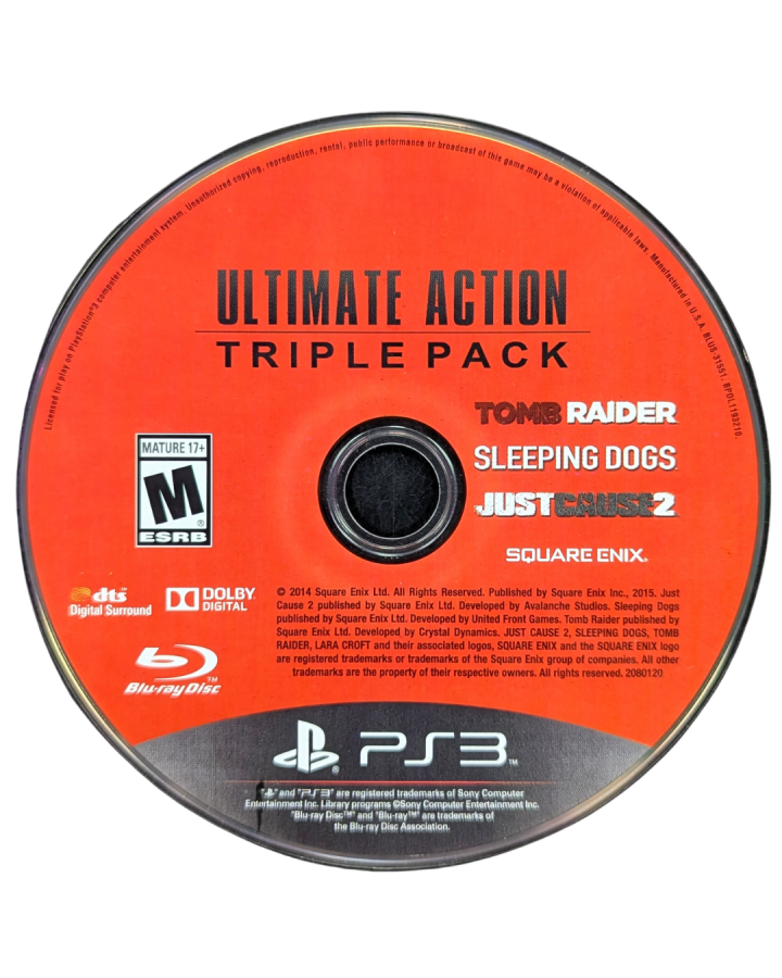 Ultimate Action Triple Pack PlayStation 3 compilation bundle containing Tomb Raider Lara Croft action adventure platforming puzzle solving Sleeping Dogs open world martial arts Hong Kong undercover cop crime drama Just Cause 2 Rico Rodriguez grappling hook parachute explosive open world chaos Square Enix third person collection disc