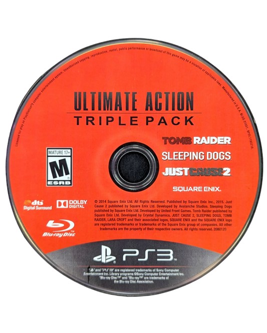 Ultimate Action Triple Pack PlayStation 3 compilation bundle containing Tomb Raider Lara Croft action adventure platforming puzzle solving Sleeping Dogs open world martial arts Hong Kong undercover cop crime drama Just Cause 2 Rico Rodriguez grappling hook parachute explosive open world chaos Square Enix third person collection disc