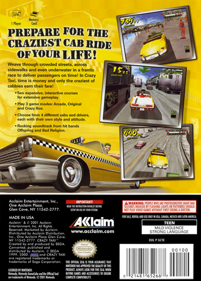 Crazy Taxi back cover art for Nintendo Gamecube (GC) video game. 