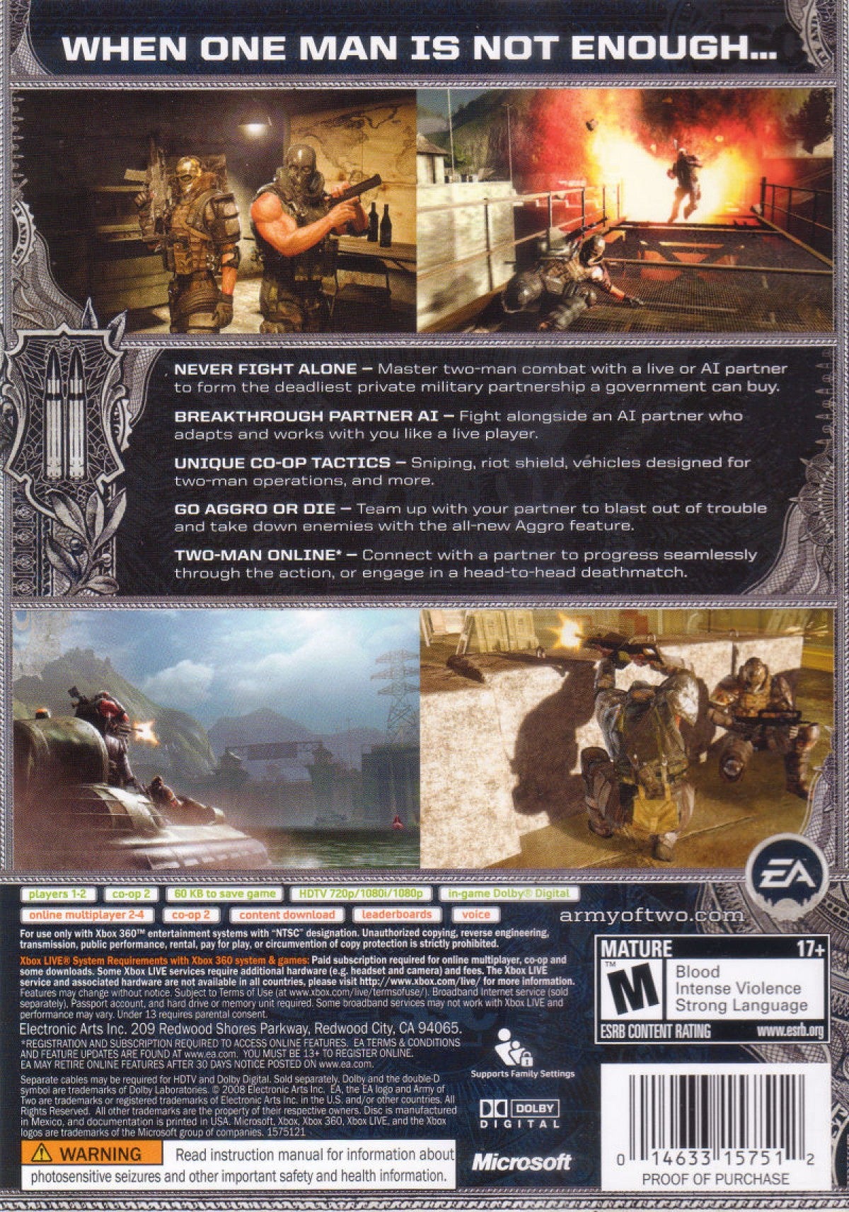 Army of Two Xbox 360 co-op third-person shooter with tactical teamwork and intense combat missions back cover