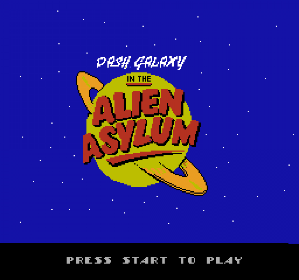Dash Galaxy in the Alien Asylum Nintendo Entertainment System NES video game featuring sci fi platforming gameplay alien planet exploration maze navigation obstacle courses enemy encounters space adventure and classic 8 bit action retro video game collection collectible gaming appeal start screen