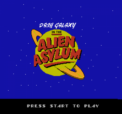 Dash Galaxy in the Alien Asylum Nintendo Entertainment System NES video game featuring sci fi platforming gameplay alien planet exploration maze navigation obstacle courses enemy encounters space adventure and classic 8 bit action retro video game collection collectible gaming appeal start screen