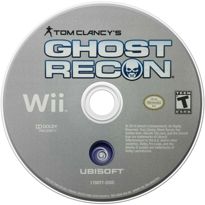 Tom Clancy’s Ghost Recon disc art for Nintendo Wii (Wii) featuring tactical squad‑based combat, motion‑controlled shooting, and missions set in modern military operations.