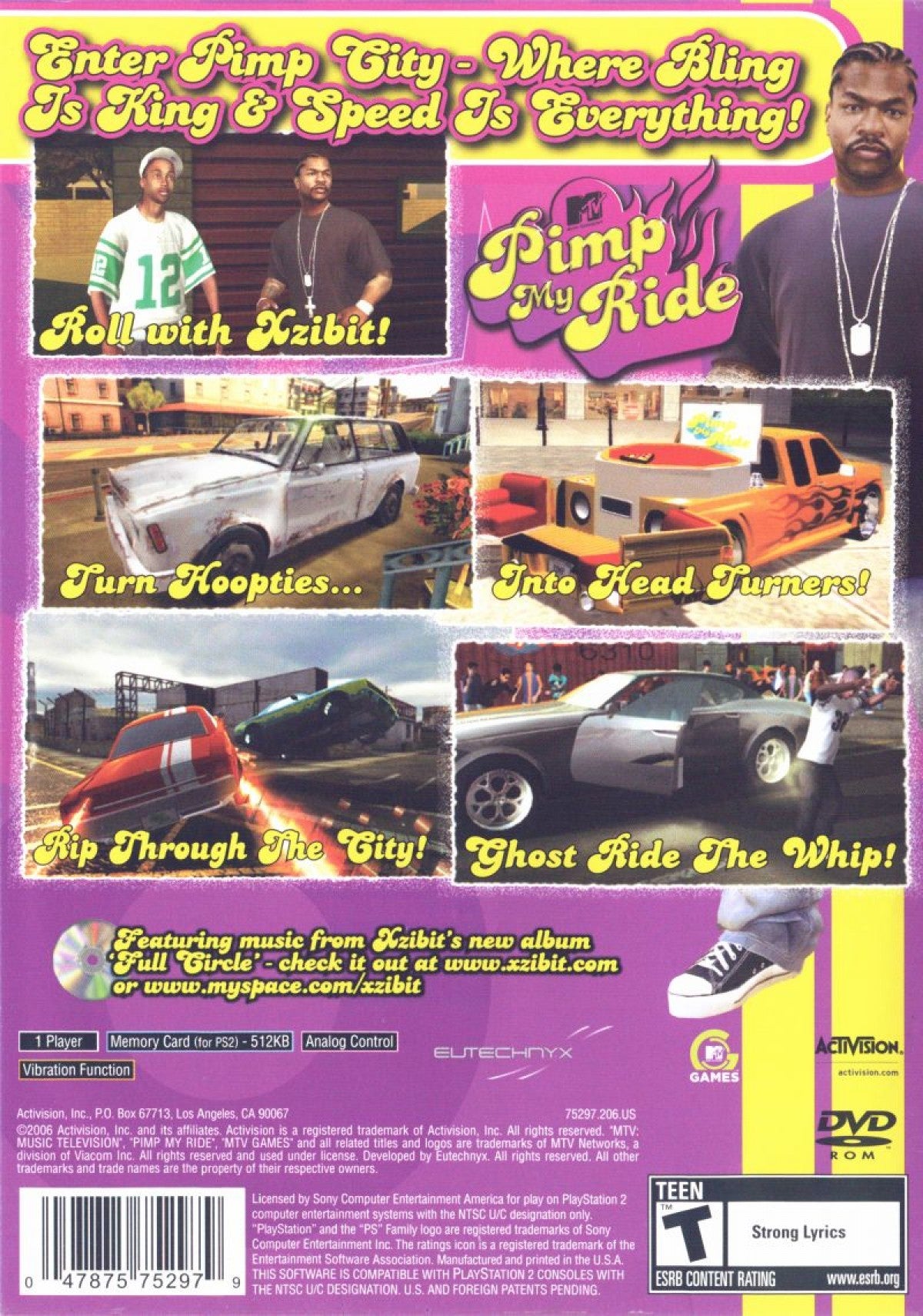 Pimp My Ride PlayStation 2 PS2 video game featuring car customization gameplay vehicle modification urban street racing custom paint jobs performance upgrades body kits rims audio systems and classic PlayStation 2 driving action retro video game collection collectible gaming appeal back cover art