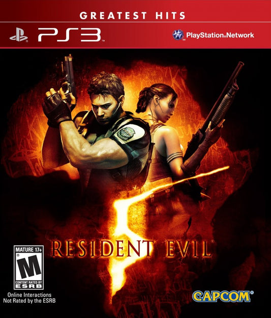 Resident Evil 5 Greatest Hits PlayStation 3 PS3 for survival horror video game fans featuring third person action gameplay intense zombie battles cooperative multiplayer missions weapon upgrades cinematic storytelling bioterrorism adventure classic Capcom horror experience collectible gaming appeal front cover
