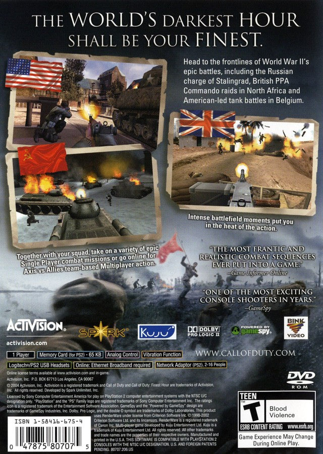 Call of Duty Finest Hour Greatest Hits PS2 inspired design featuring World War II military shooter aesthetic historic battlefield campaigns allied soldiers intense infantry combat cinematic wartime action immersive mission based gameplay nostalgic PlayStation 2 presentation back cover