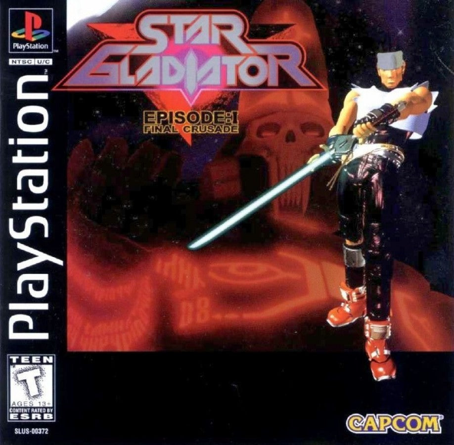 Star Gladiator Episode I Final Crusade PlayStation PS1 for 3D fighting video game fans featuring futuristic martial arts combat multiple playable characters weapon based battles powerful special attacks sci fi arenas fast paced arcade action challenging opponents classic Capcom fighting gameplay collectible gaming appeal front cover art