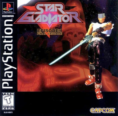 Star Gladiator Episode I Final Crusade PlayStation PS1 for 3D fighting video game fans featuring futuristic martial arts combat multiple playable characters weapon based battles powerful special attacks sci fi arenas fast paced arcade action challenging opponents classic Capcom fighting gameplay collectible gaming appeal front cover art