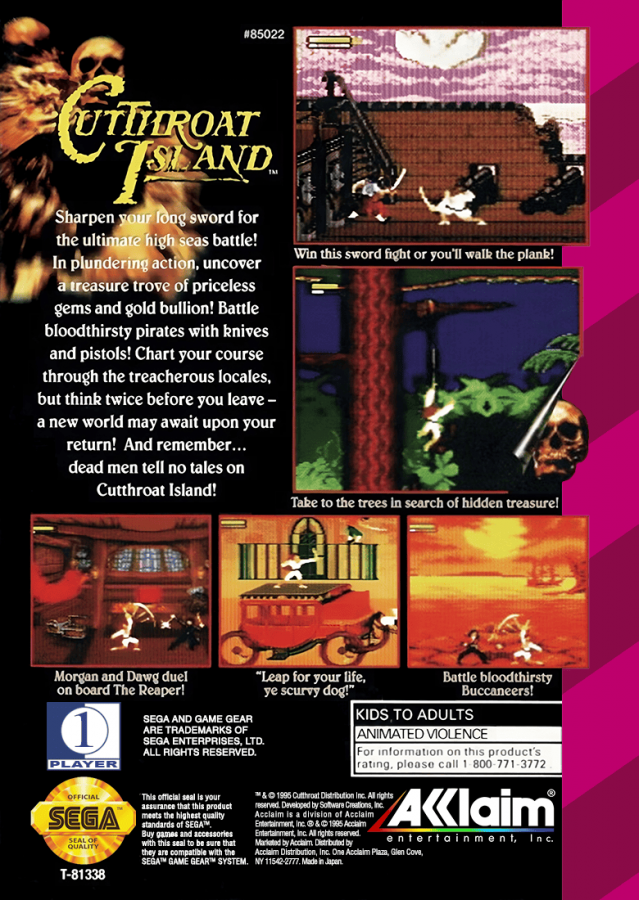 Cutthroat Island back cover art for Sega Game Gear (GG) video game