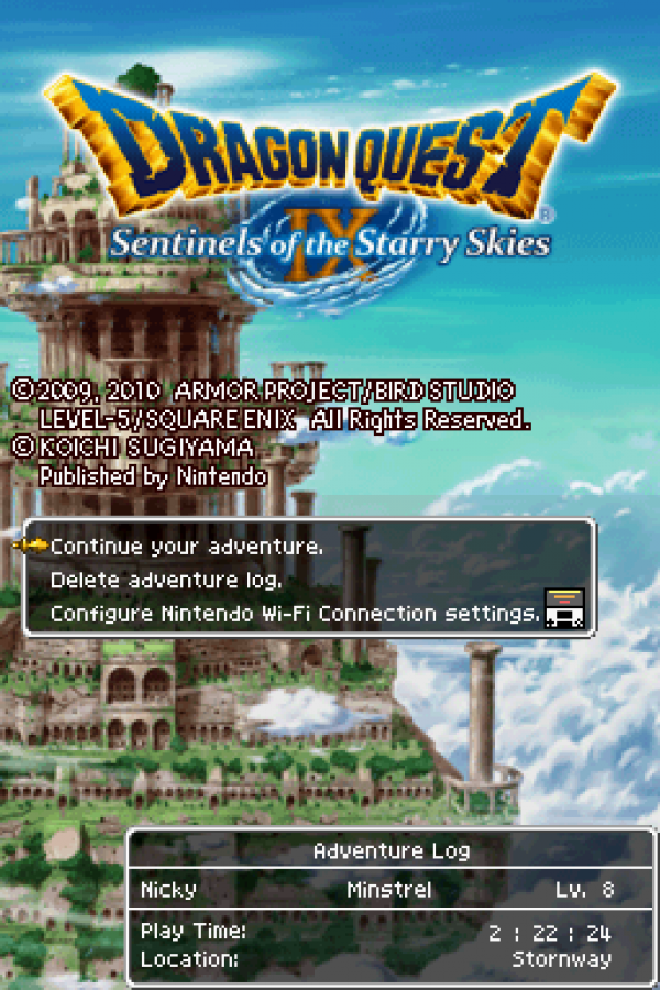 Dragon Quest IX Sentinels of the Starry Skies Nintendo DS video game, JRPG, fantasy adventure, turn-based combat, classic Dragon Quest title screen