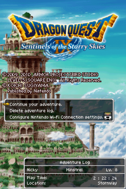 Dragon Quest IX Sentinels of the Starry Skies Nintendo DS video game, JRPG, fantasy adventure, turn-based combat, classic Dragon Quest title screen