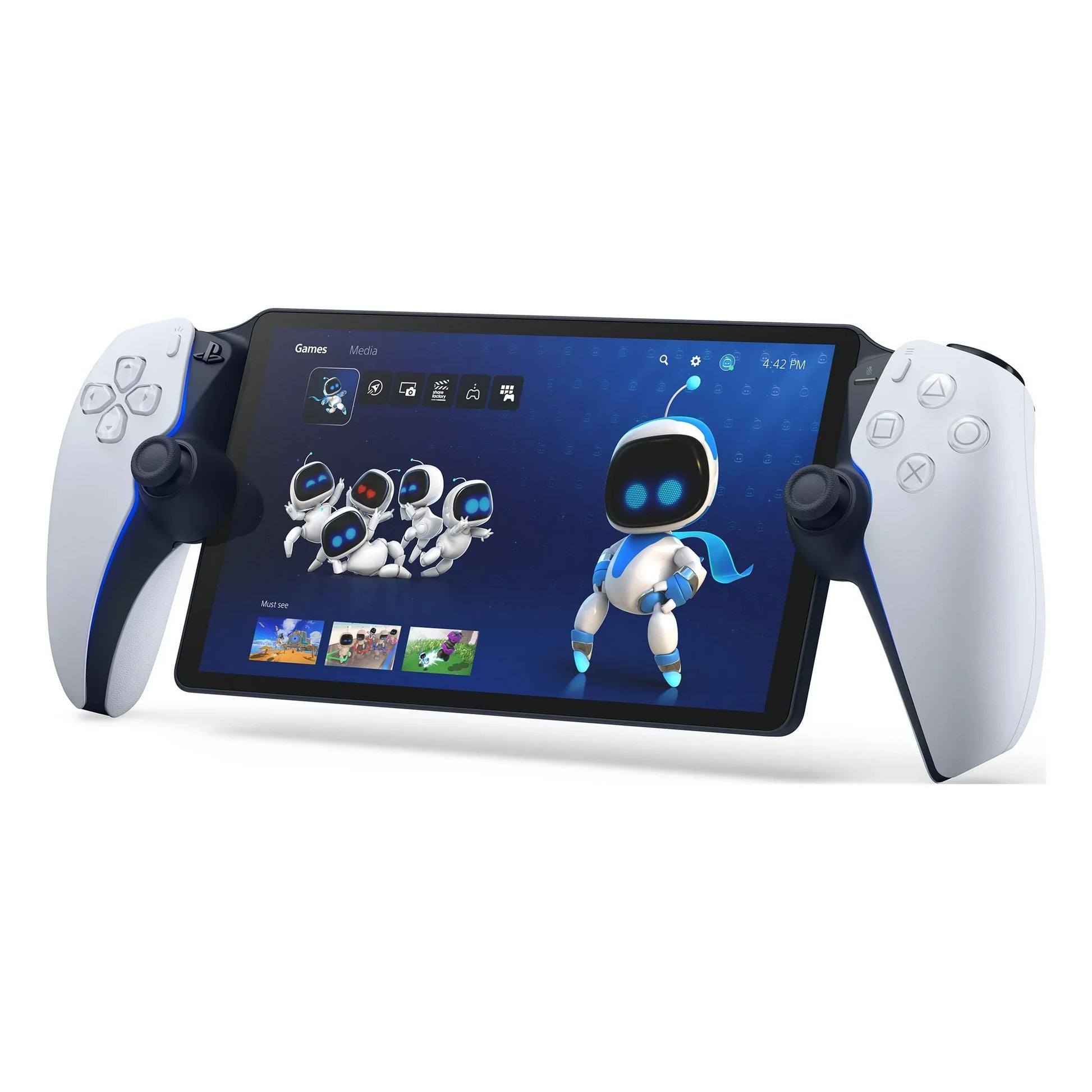 PlayStation Portal Remote Player in good condition for PS5 at Gamers INC, featuring an 8-inch Full HD screen and DualSense controller integration for seamless handheld gaming and remote play throughout your home turned on with Astro