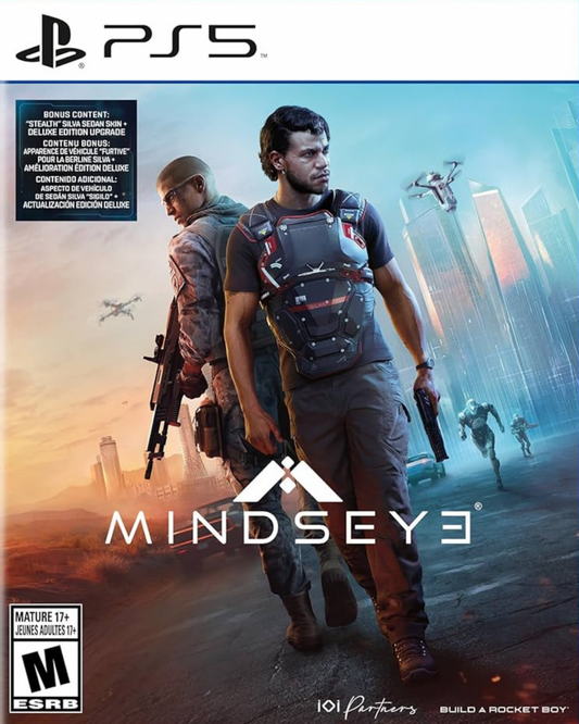 MindsEye for PlayStation 5 (PS5) at Gamers INC, featuring a high-octane, cinematic action-thriller set in a near-future world of corporate espionage, advanced robotics, and conspiracy-driven combat from the visionary creators of the "Everywhere" platform front cover