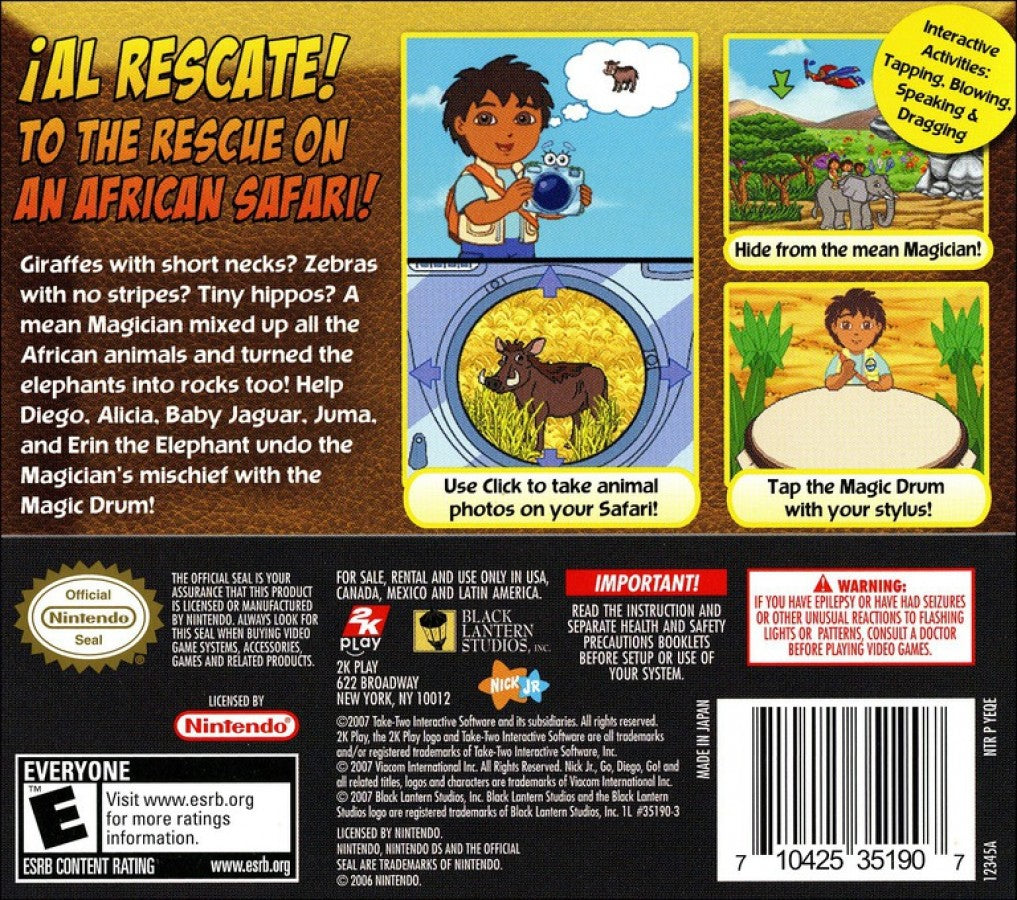 Go Diego Go Safari Rescue for Nintendo DS, back of case for an educational adventure video game with animal rescue gameplay, mini-games, problem-solving activities, and family-friendly exploration