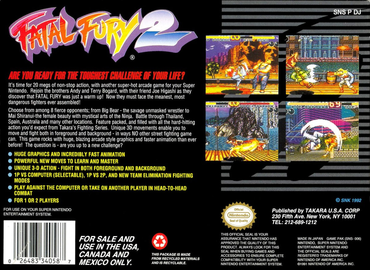 Fatal Fury 2 Super Nintendo Entertainment System SNES video game featuring 2D fighting gameplay Terry Bogard Andy Bogard Joe Higashi martial arts combat special moves combo attacks competitive matches character battles and classic 16 bit Nintendo arcade gameplay retro video game collection collectible gaming appeal back cover art