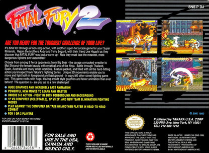 Fatal Fury 2 Super Nintendo Entertainment System SNES video game featuring 2D fighting gameplay Terry Bogard Andy Bogard Joe Higashi martial arts combat special moves combo attacks competitive matches character battles and classic 16 bit Nintendo arcade gameplay retro video game collection collectible gaming appeal back cover art
