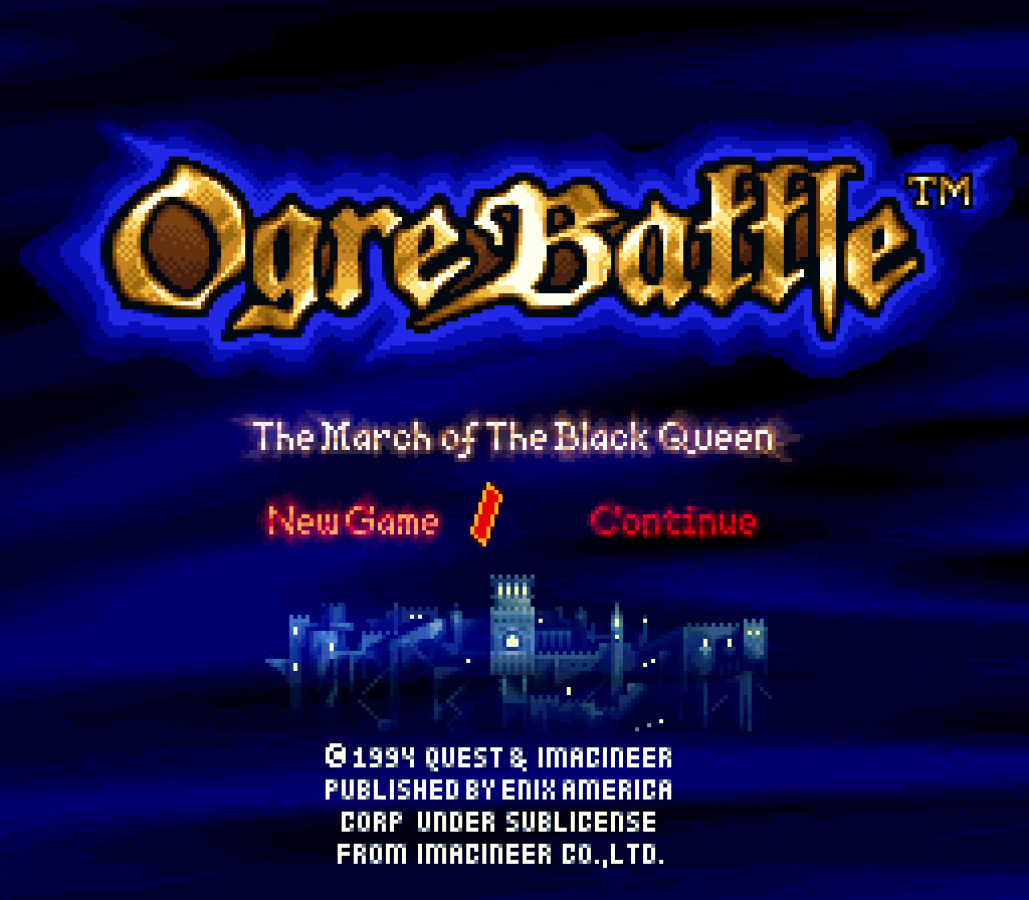 Ogre Battle The March of the Black Queen PS1 PlayStation 1 strategy RPG tactical warfare fantasy army management branching story retro video game title screen