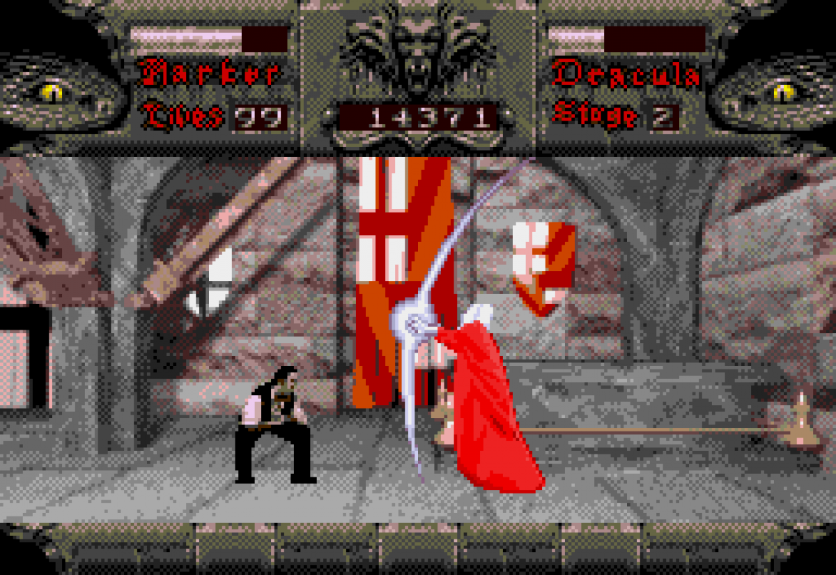 Bram Stokers Dracula Sega CD action platformer movie tie in based on film gothic horror vampire combat side scrolling gameplay castle exploration enemies boss battles cinematic FMV cutscenes retro gaming Sega CD software video game title gameplay