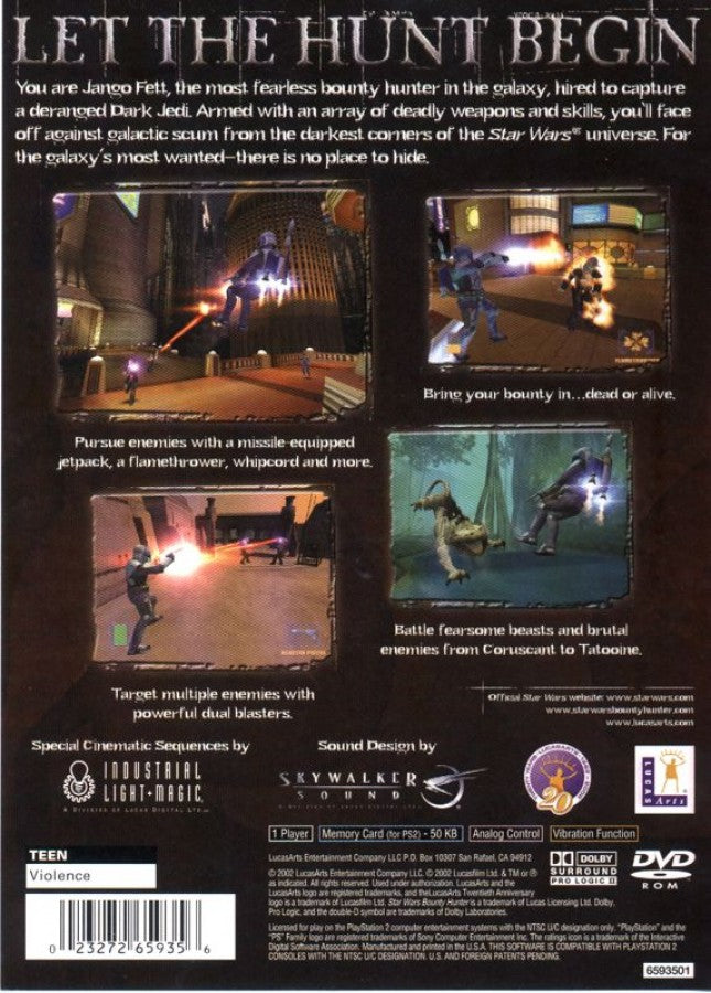 Star Wars: Bounty Hunter – PlayStation 2 (PS2) video game back of case, action-adventure shooter.