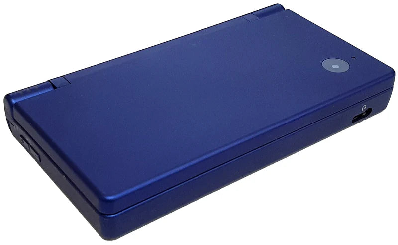 Metallic blue Nintendo DSi handheld gaming console for portable Nintendo games angled