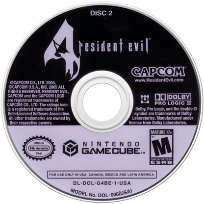 Resident Evil 4 GameCube GC video game, survival horror, third-person action, classic Capcom title, Nintendo GameCube release disc 2 
