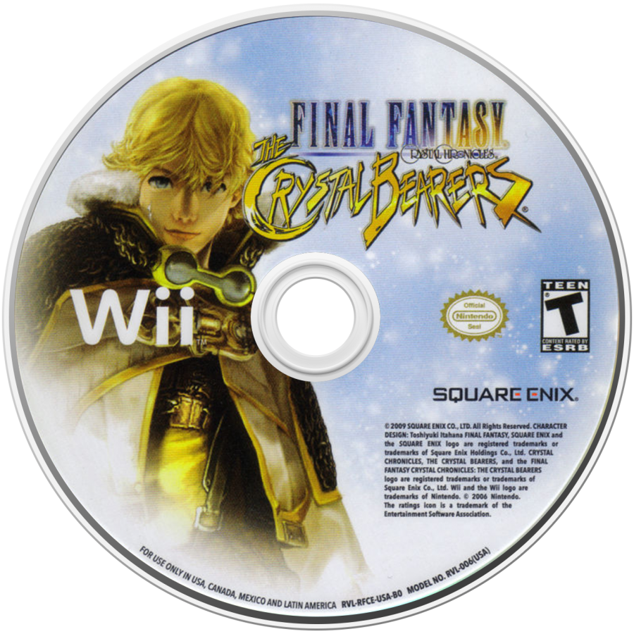 Final Fantasy Crystal Bearers Nintendo Wii cover art for retro video game enthusiasts featuring fantasy action adventure gameplay magical powers real time combat mechanics crystal themed world exploration story driven quests unique physics based interactions and immersive role playing gaming experience and collectible gaming appeal disc