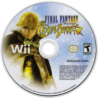 Final Fantasy Crystal Bearers Nintendo Wii cover art for retro video game enthusiasts featuring fantasy action adventure gameplay magical powers real time combat mechanics crystal themed world exploration story driven quests unique physics based interactions and immersive role playing gaming experience and collectible gaming appeal disc