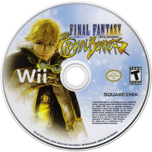 Final Fantasy Crystal Bearers Nintendo Wii cover art for retro video game enthusiasts featuring fantasy action adventure gameplay magical powers real time combat mechanics crystal themed world exploration story driven quests unique physics based interactions and immersive role playing gaming experience and collectible gaming appeal disc