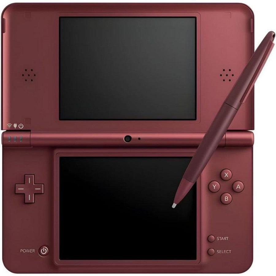 Nintendo DSi XL Burgundy Wine Scratch and Scuff handheld gaming console featuring large dual screens enhanced display stylus touchscreen controls built in cameras wireless connectivity Nintendo DS game compatibility DSi software support burgundy wine finish portable gaming design pre owned condition with cosmetic wear classic Nintendo handheld hardware retro gaming collection collectible console appeal screen off