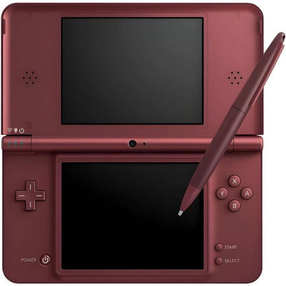 Nintendo DSi XL Burgundy Wine Scratch and Scuff handheld gaming console featuring large dual screens enhanced display stylus touchscreen controls built in cameras wireless connectivity Nintendo DS game compatibility DSi software support burgundy wine finish portable gaming design pre owned condition with cosmetic wear classic Nintendo handheld hardware retro gaming collection collectible console appeal screen off