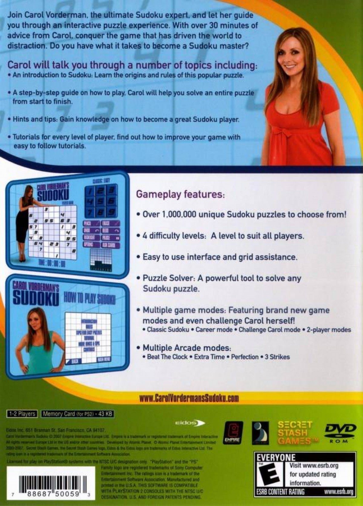 Carol Vorderman’s Sudoku for PlayStation 2 with number puzzle and brain-training theme gameplay back cover art