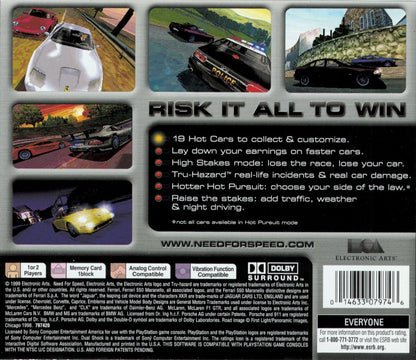 Need for Speed High Stakes PlayStation 1 PS1 for retro video game enthusiasts featuring arcade racing gameplay exotic licensed sports cars high speed street and circuit racing vehicle damage system competitive multiplayer modes and collectible gaming appeal back cover