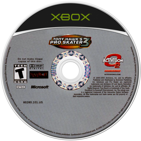 Tony Hawk's Pro Skater 3 Microsoft Xbox Original Xbox video game featuring skateboarding action gameplay professional skaters trick combos grinding ramps skate parks career mode challenges and extreme sports competition retro video game collection collectible gaming appeal disc