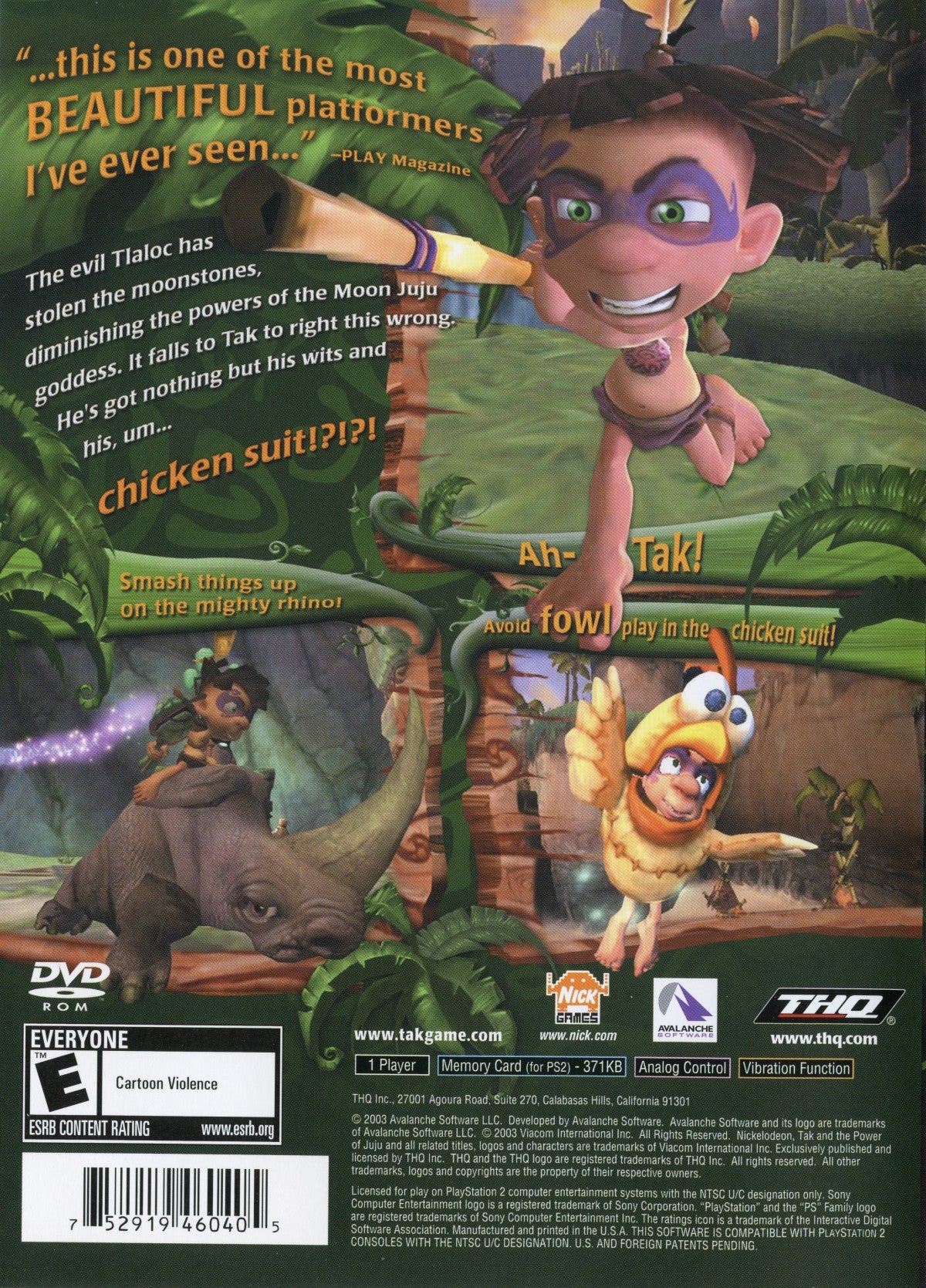 Tak and the Power of Juju PlayStation 2 PS2 for retro video game enthusiasts featuring action adventure platforming gameplay magical Juju powers colorful tribal world exploration puzzle solving humorous characters platforming challenges and collectible gaming appeal back cover art