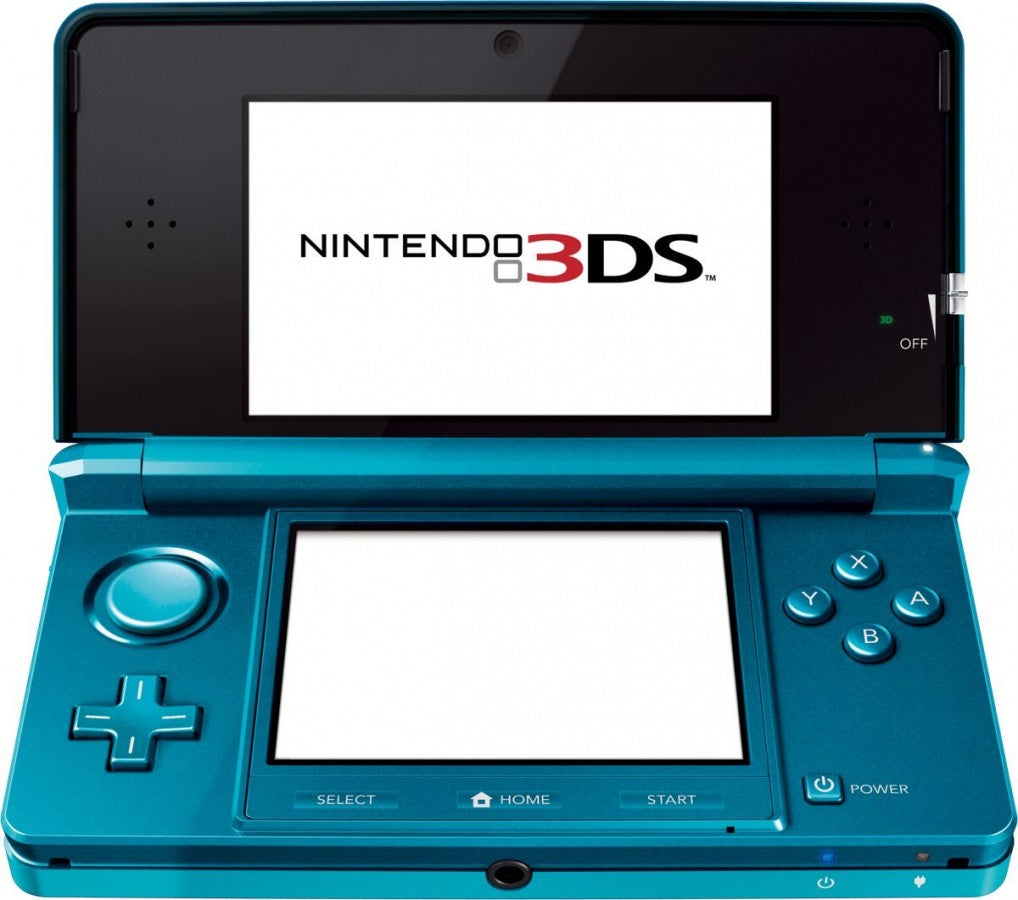 Nintendo 3DS system in aqua blue featuring glasses-free 3D gaming and dual-screen handheld design