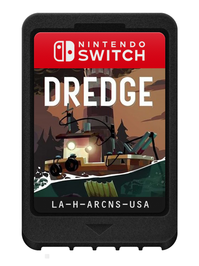 Dredge Nintendo Switch inspired design featuring atmospheric fishing adventure aesthetic mysterious coastal exploration eerie maritime folklore deep sea discoveries resource management gameplay haunting ocean landscapes and supernatural mysteries presentation cartridge