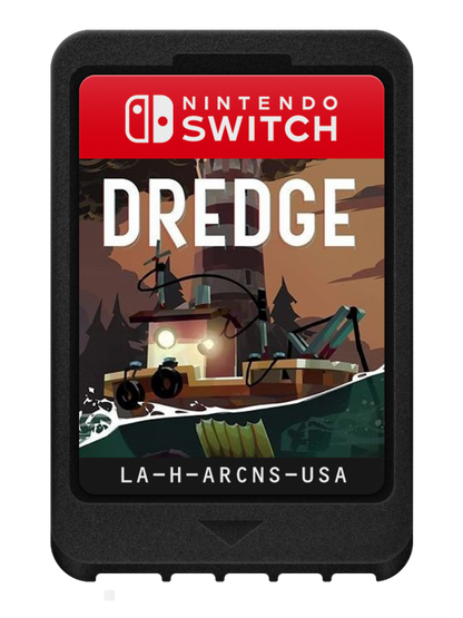 Dredge Nintendo Switch inspired design featuring atmospheric fishing adventure aesthetic mysterious coastal exploration eerie maritime folklore deep sea discoveries resource management gameplay haunting ocean landscapes and supernatural mysteries presentation cartridge