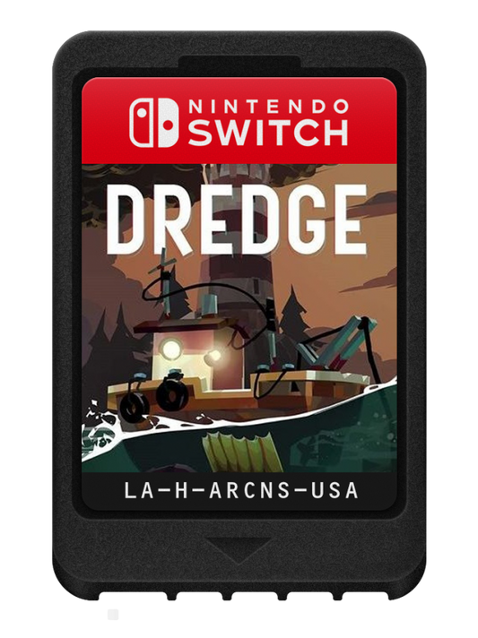 Dredge Nintendo Switch inspired design featuring atmospheric fishing adventure aesthetic mysterious coastal exploration eerie maritime folklore deep sea discoveries resource management gameplay haunting ocean landscapes and supernatural mysteries presentation cartridge