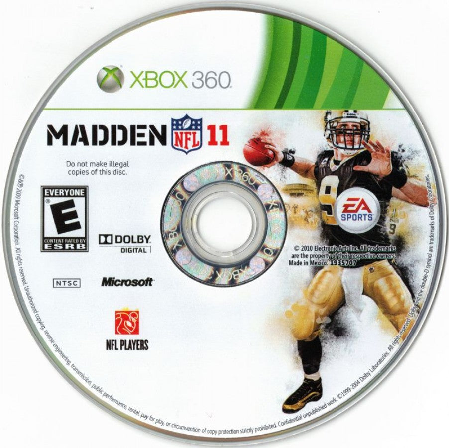 Madden NFL 11 disc for Xbox 360 (X360) sports football video game