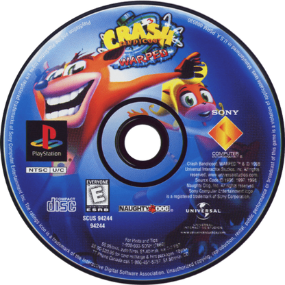 Crash Bandicoot: Warped disc for PlayStation 1 (PS1) retro video game