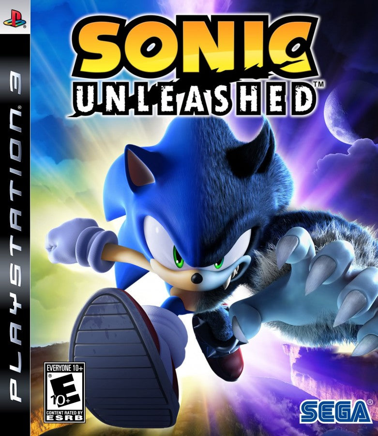 Sonic Unleashed PlayStation 3 PS3 video game featuring Sonic the Hedgehog action platforming gameplay high speed running stages Werehog combat adventure exploration colorful environments enemy battles special abilities and classic PlayStation 3 gameplay retro video game collection collectible gaming appeal cover art