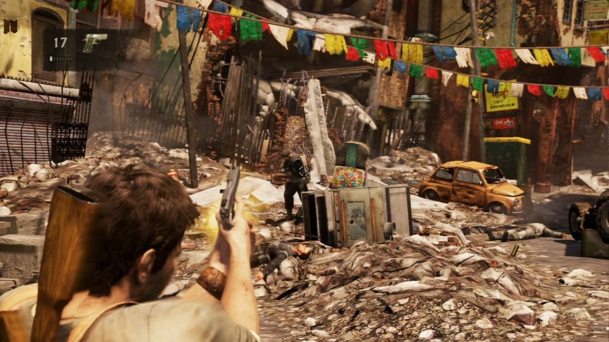 Uncharted 2 Among Thieves Game of the Year Greatest Hits for PlayStation 3, gameplay for an action-adventure third-person shooter video game with cinematic storytelling, treasure hunting, platforming, and blockbuster combat gameplay